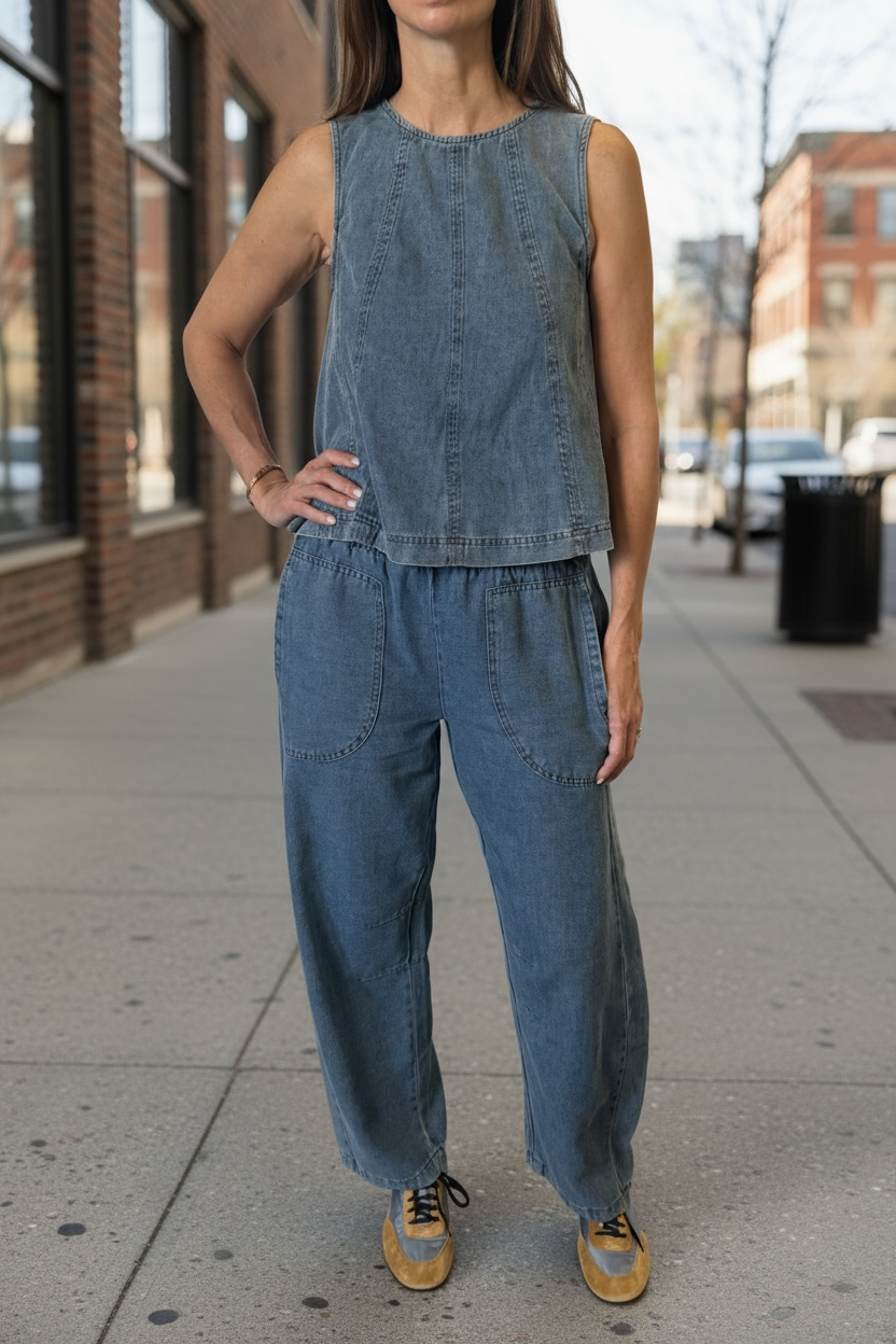 SET DENIM SMOCKED WAIST