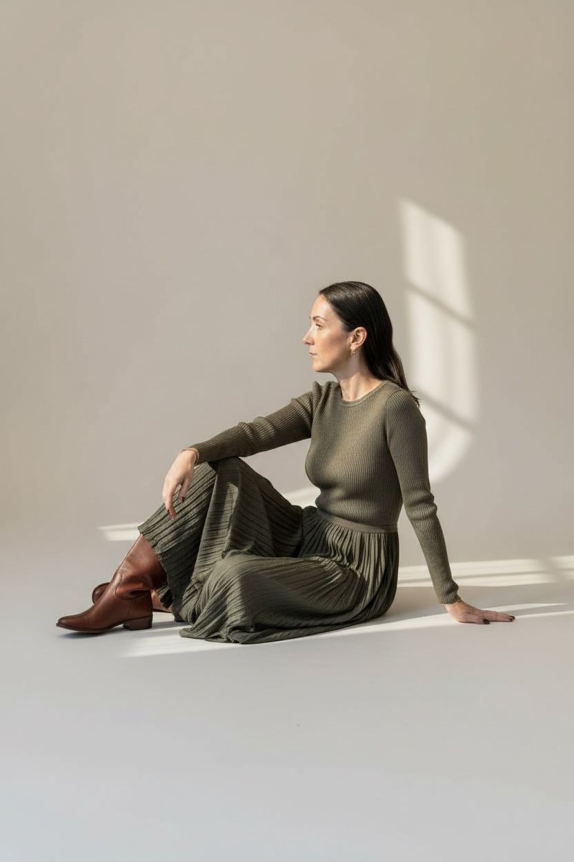 VESTIDO CON TOP DE PUNTO Y FALDA SEDA