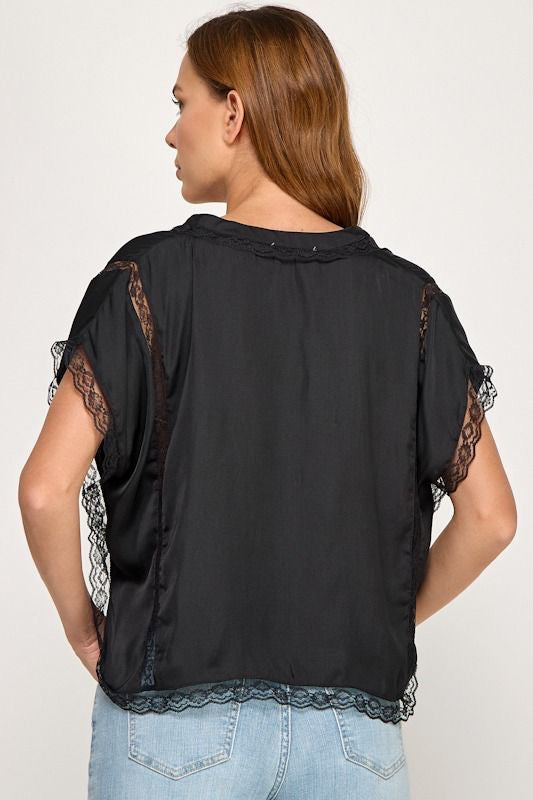 SILKY LACE TRIM BLOUSE BLACK