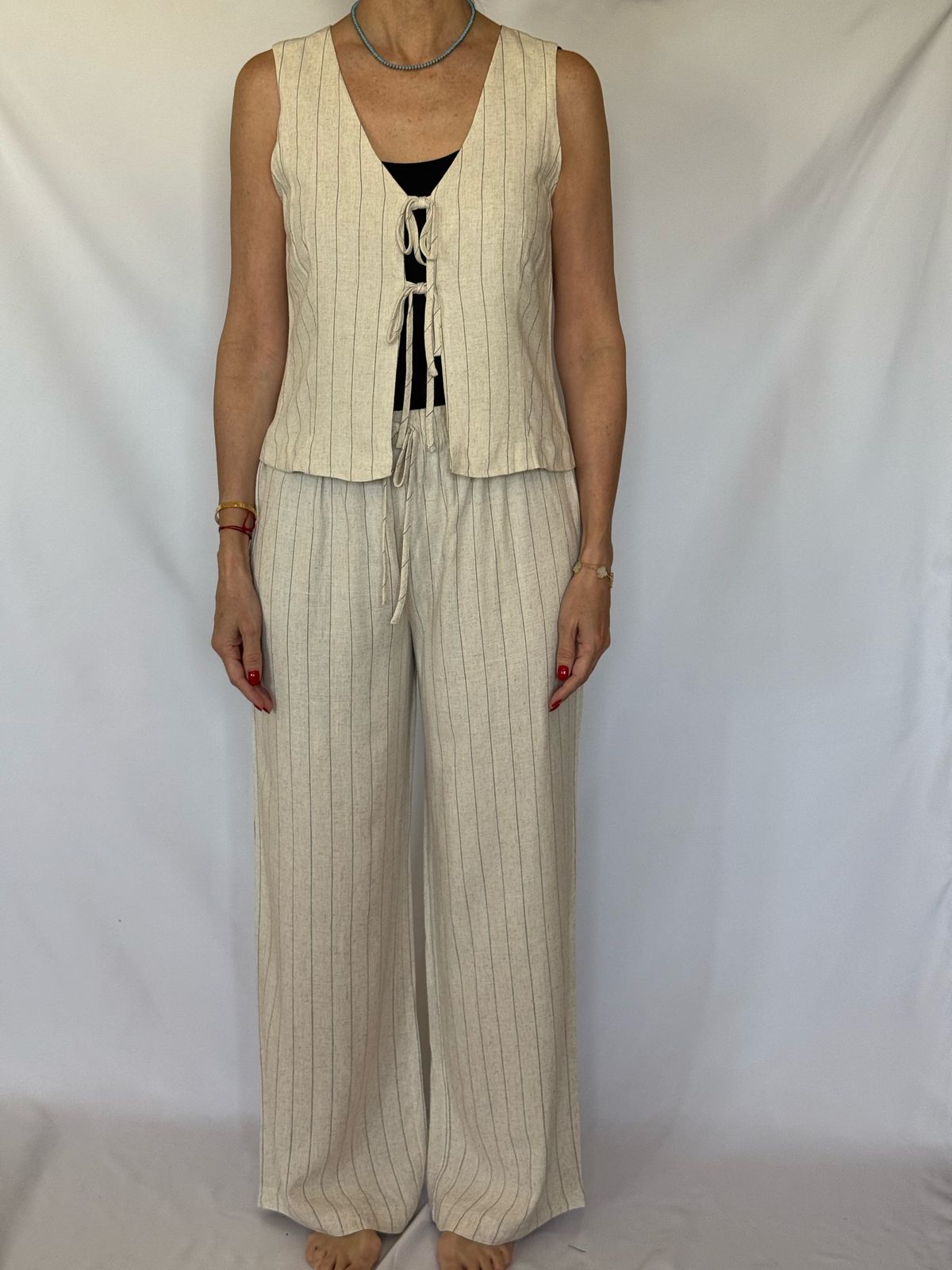 SET CHALECO LAZOS Y PANTALÓN AGUADO OATMEAL Y RAYAS