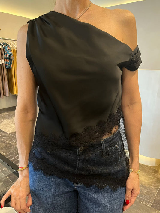 BLUSA ASIMÉTRICA UN HOMBRO MIX DE SATIN Y ENCAJE