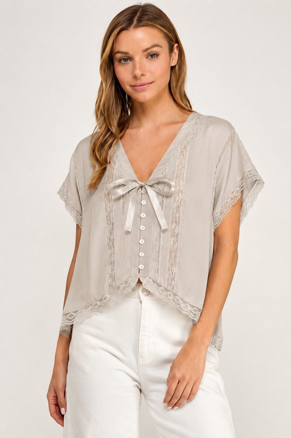 SILKY LACE TRIM BLOUSE PEARL