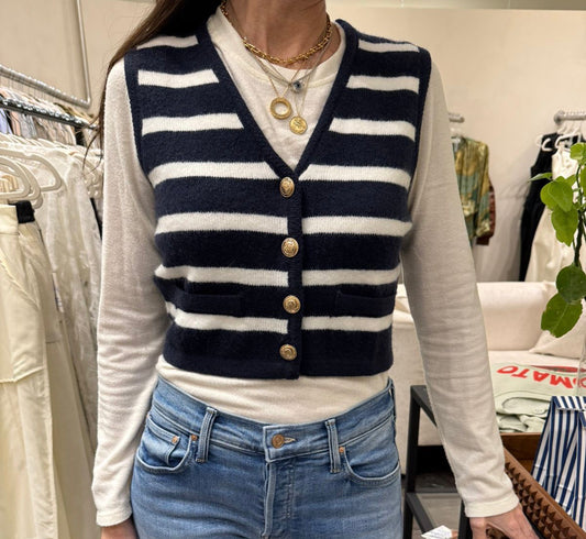 CHALECO CUELLO V CON RAYAS BLANCAS COLOR NAVY