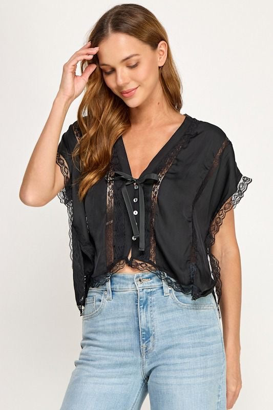 SILKY LACE TRIM BLOUSE BLACK