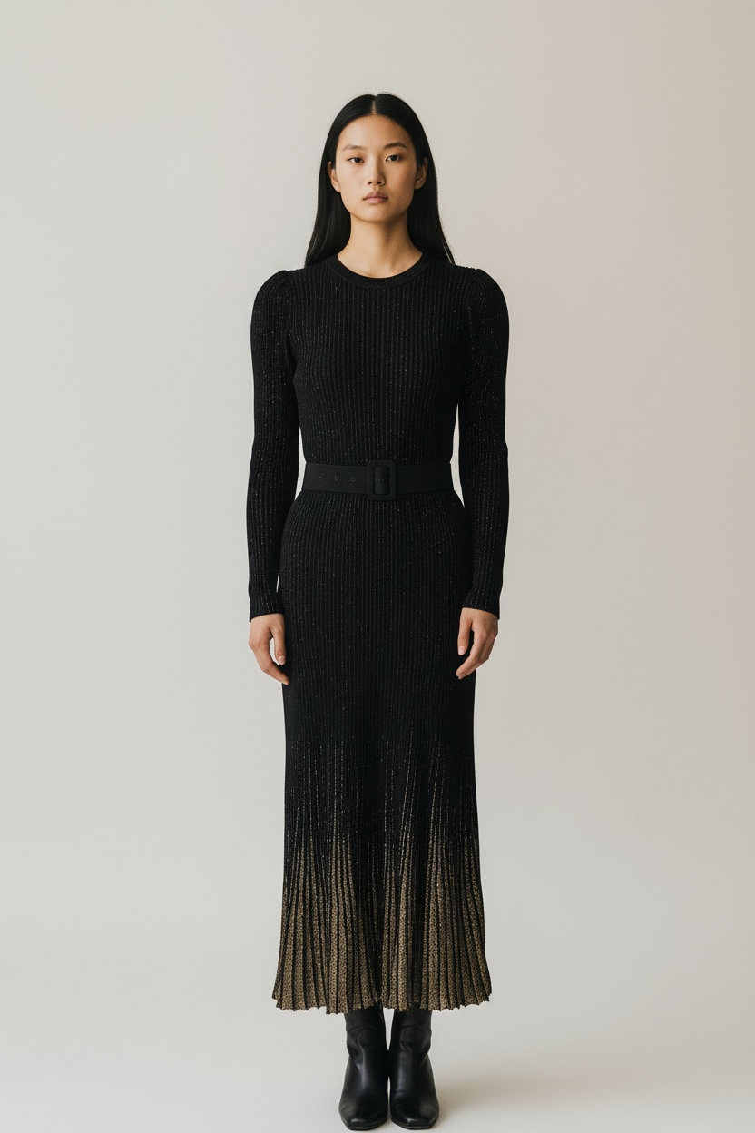 VESTIDO PUNTO PLISADO CON DESTELLO DORADO Y CINTURÓN