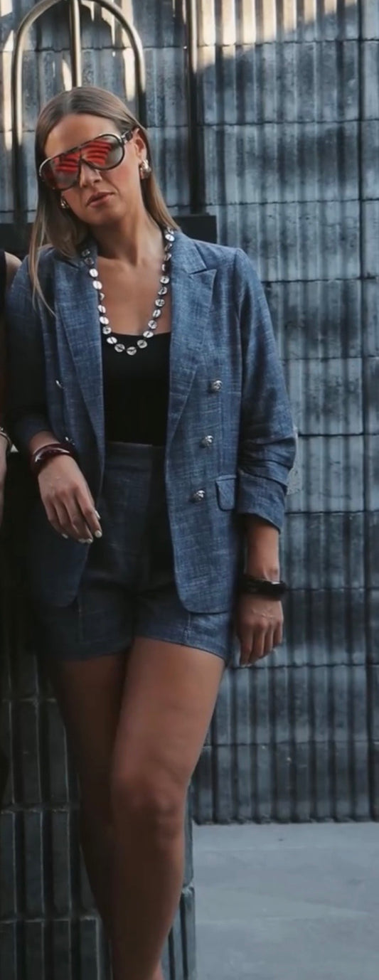 SET SACO DENIM MANGA PLISADA Y SHORT