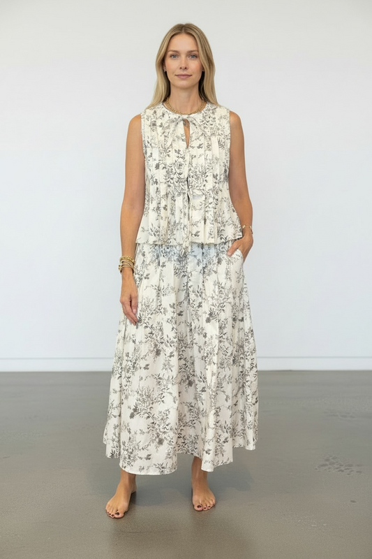 SET PRINT FLORES CON FALDA Y BLUSA DE LAZOS
