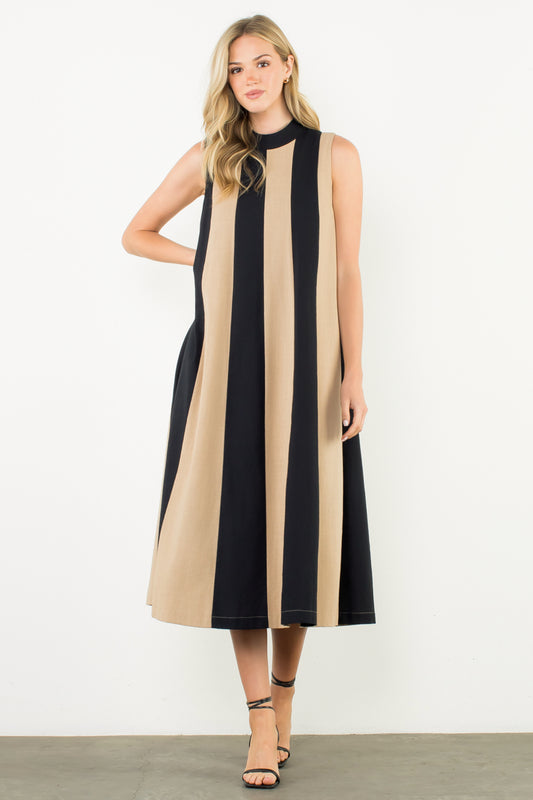 VESTIDO RAYAS VERTICALES CON LAZO EN CUELLO