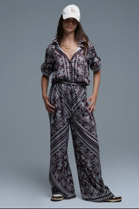 SET CAFÉ DE GRECAS CON MANGA ANCHA Y PANTALÓN CON JARETA